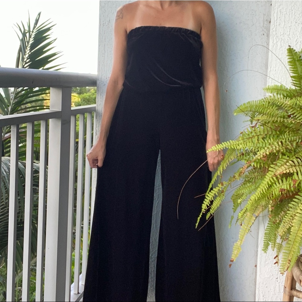 Black Velvet Strapless Jumpsuit - Picture 2 of 8